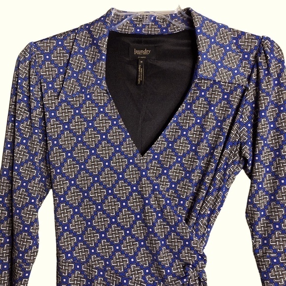 NEW - LAUNDRY BY SHELLI SEGAL Blue, Tan & White Side Tie Wrap Dress Size Medium - Picture 3 of 6